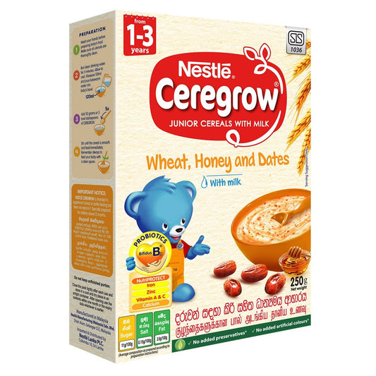 Nestle CEREGROW Junior Cereal with Milk Wheat, Honey & Dates with Milk from 1-3 years 250g Bag In Box Pack - Nesh Kids Store