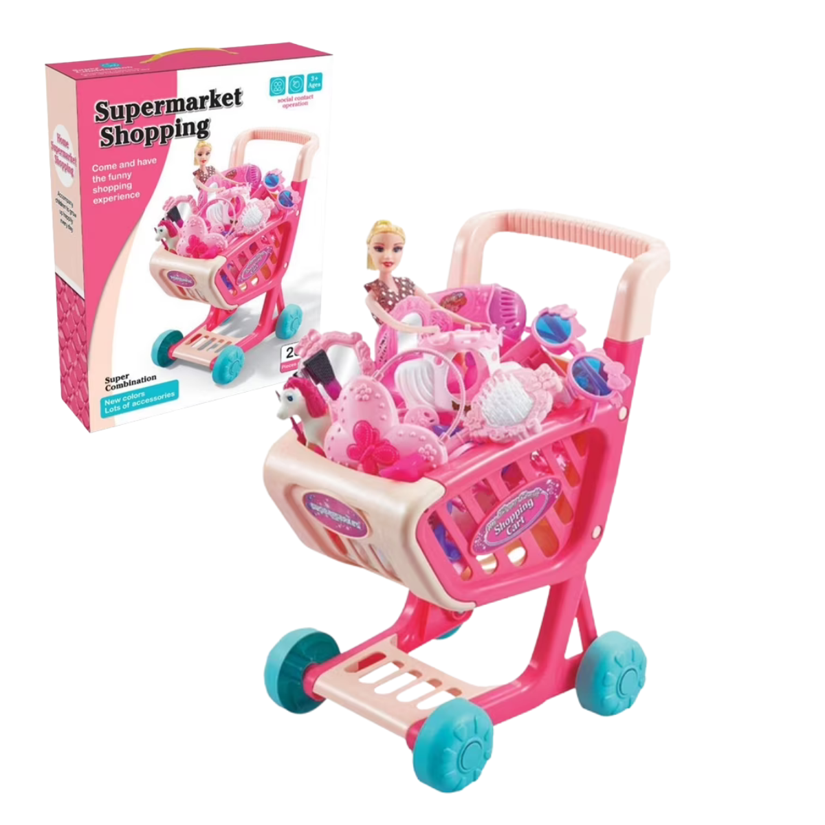 28 PCS Supermarket Beauty Shopping Cart Doll Set with Makeup Accessories – K216 - Nesh Kids Store