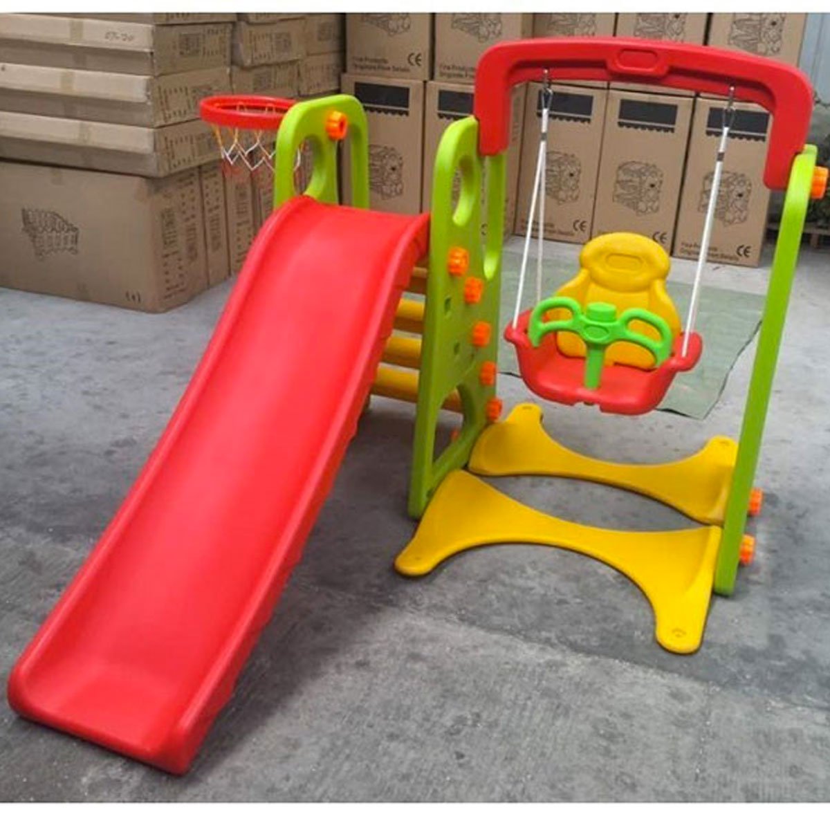 3 in 1 Children Playground with Swing Chair, Slide, Basketball Hoop - Green Panel - Nesh Kids Store