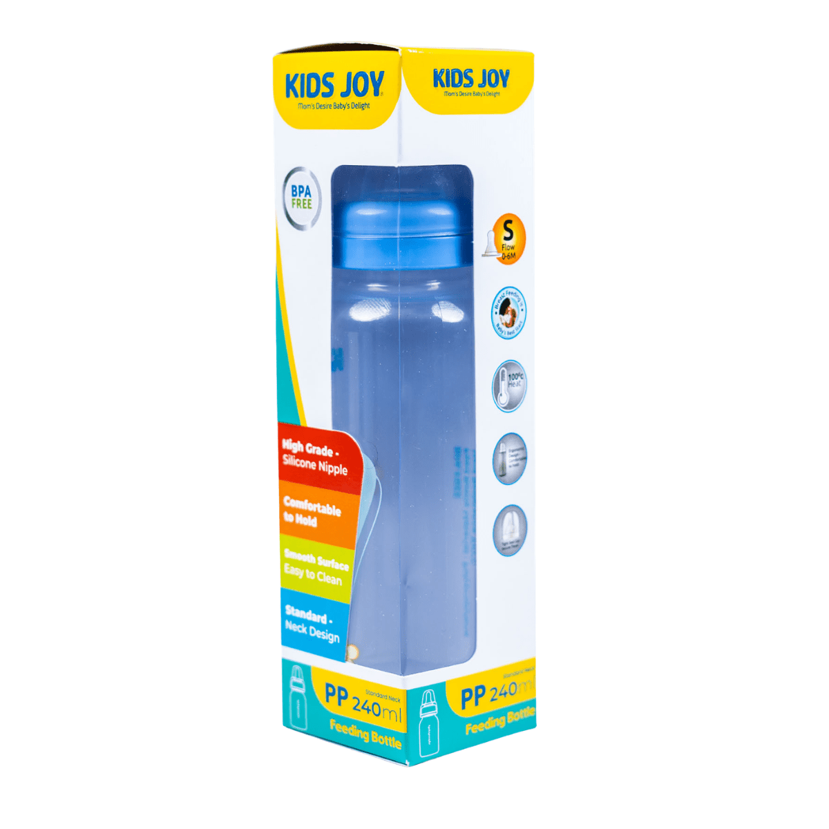 KIDS JOY PLASTIC FEEDING BOTTLE STANDARD NECK 240ML BLUE - Nesh Kids Store
