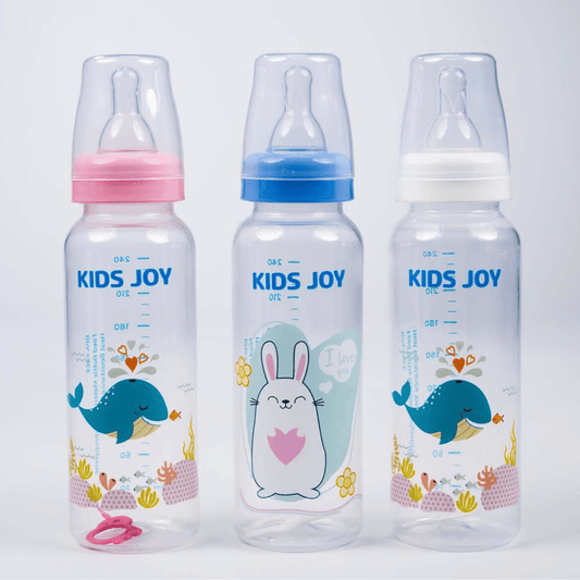 KIDS JOY PLASTIC FEEDING BOTTLE STANDARD NECK 240ML WHITE - Nesh Kids Store