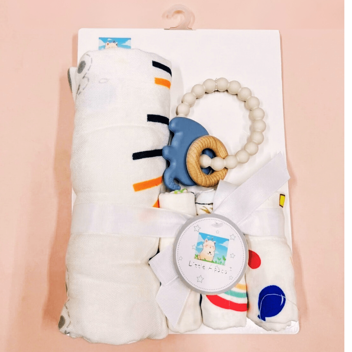 Muslin Towel, 3 Washcloths & Cute Baby Rattle Gift Set for Newborns - Nesh Kids Store