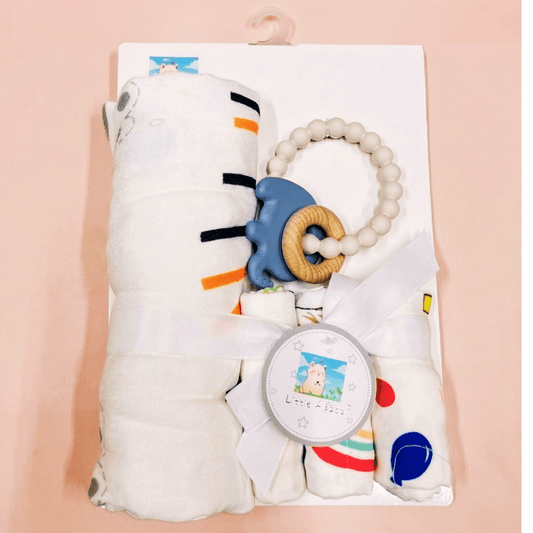 Muslin Towel, 3 Washcloths & Cute Baby Rattle Gift Set for Newborns - Nesh Kids Store